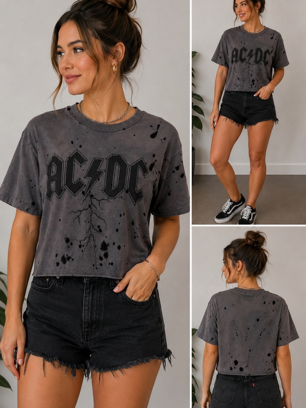 AC/DC Charcoal Gray Distressed Crop Tee